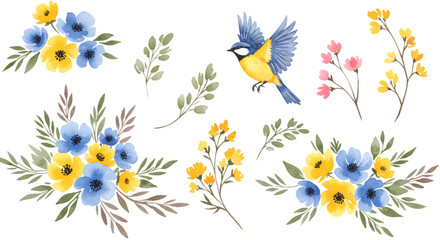 Vibrant Watercolor Floral & Bird Illustration Perfect for Spring Designs, Invitations, and More