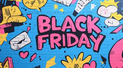 Fototapeta premium Black Friday advertisement painted on a bright blue brick wall