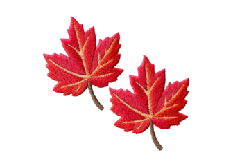 Two embroidered red maple leaves on a transparent background. Autumn concept.