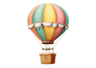 Watercolor hot air balloon with basket on transparent background. Concept for travel, adventure, and exploration.