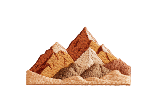 Embroidered mountain range on transparent background. Concept of nature, hiking, and outdoor adventure.