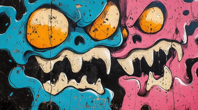 Two colorful cartoon monster faces painted on concrete wall