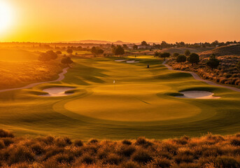 Sun sets over desert golf club's 18th hole, casting a golden glow on the course as players finish their rounds amidst the tranquil landscape.