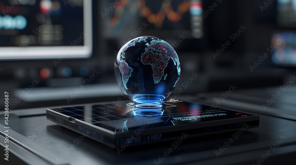 Poster a close-up of augmented reality holograms displaying dynamic financial analytics, 3d globe interface