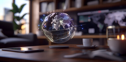 A cinematic AR scene featuring global financial transaction data floating in mid-air, currency transfers visualized as glowing beams, interactive world map with touch-sensitive financial nodes