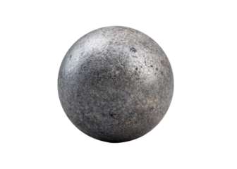 Close up of a metal ball with a rough, textured surface against a transparent background. Industrial, abstract, and metallic concept.