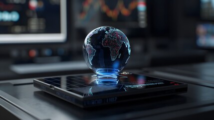 A close-up of augmented reality holograms displaying dynamic financial analytics, 3D globe interface with moving market indicators and secure transaction overlays