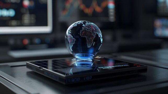 A close-up of augmented reality holograms displaying dynamic financial analytics, 3D globe interface with moving market indicators and secure transaction overlays