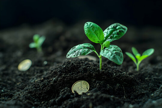 Closeup of healthy green plant sprouting from soil with coins.