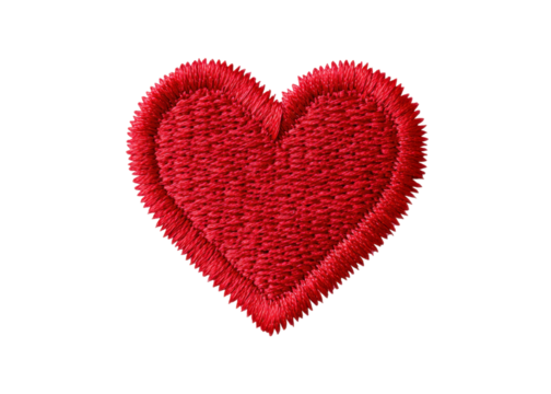 Red heart embroidery on transparent background. Symbol of love, romance, and Valentine's Day.