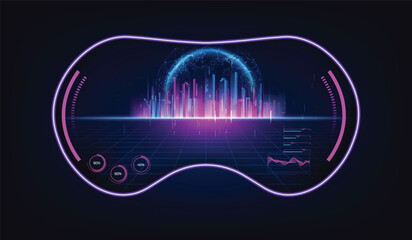 Metaverse city future concept. View from vr glasses on concept of virtual digital reality. Simulation of network futuristic world. Future digital technology metaverse. 3d vector illustration.