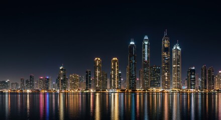 Fototapeta premium City skyline at night with illuminated buildings reflecting in water.