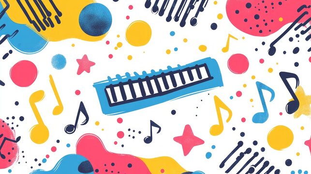 Bright and cheerful music themed pattern with keyboard illustration