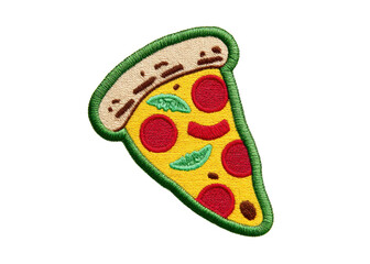 Embroidered pizza slice patch on transparent background. Food concept.