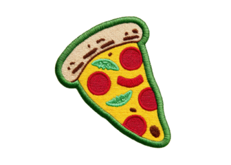 Embroidered pizza slice patch on transparent background. Food concept.