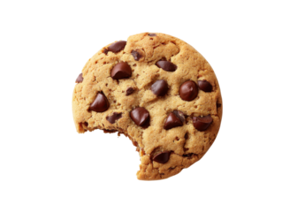 Chocolate chip cookie with a bite taken out, isolated on black. Concept of dessert, snack, and indulgence.