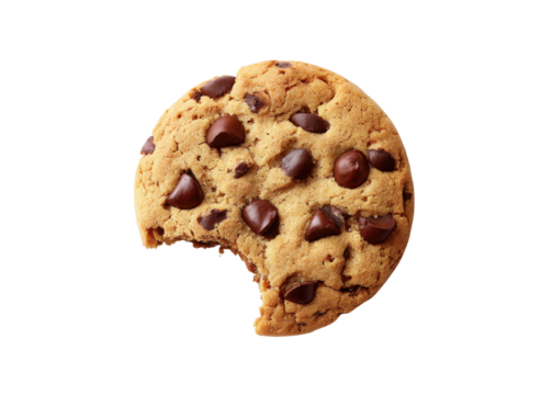 Chocolate chip cookie with a bite taken out, isolated on black. Concept of dessert, snack, and indulgence.