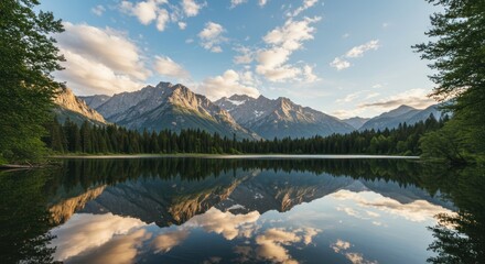 Lake reflects mountains and sky framed by trees on either side.