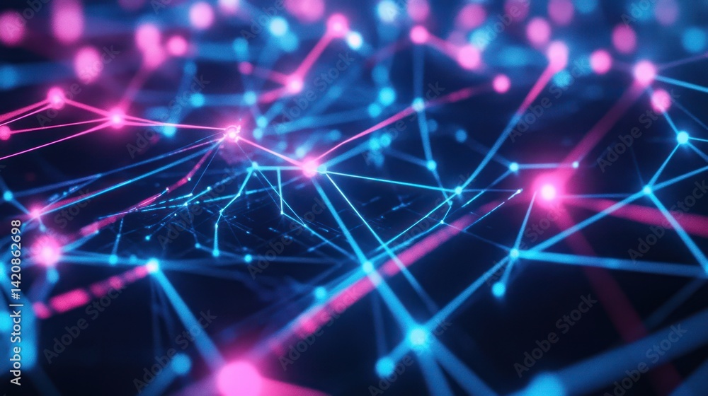Poster abstract network connections with glowing nodes illuminating interconnected pathways