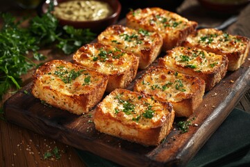 slices of garlic bread adorned with aromatic herbs, evoking a sense of comfort and deliciousness