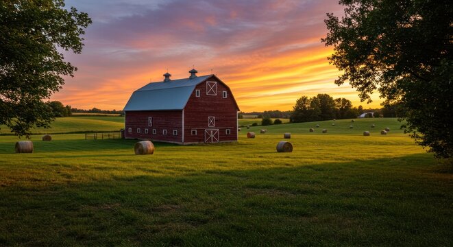 Red barn in a green field with hay bales under a colorful sunset sky.