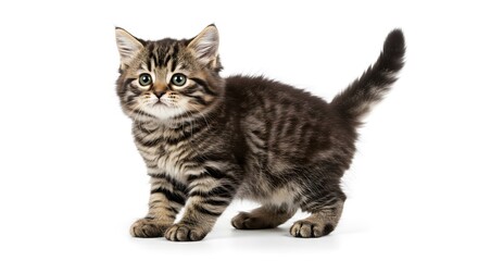 Obraz premium Adorable Tabby Kitten Posing Against White Background: A Studio Shot of a Cute Young Cat