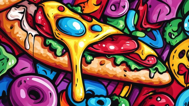 Colorful food doodle featuring a sandwich with dripping cheese