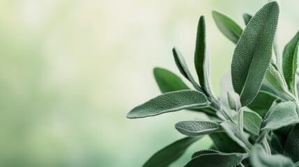 Close-up of vibrant green sage leaves against a blurred background.