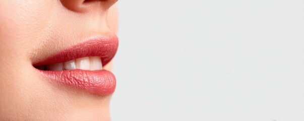 bond precious symbolic affectionate affection concept. Close-up of lips with a subtle smile on a neutral background.