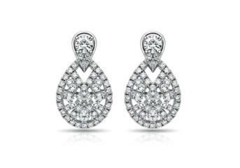 Pair of white gold and diamond earrings on a black velvet background, sparkling and elegant.