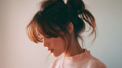 Obraz premium Portrait of a woman with bangs and messy bun hairstyle looking down in soft light aesthetic fashion shoot