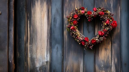 A heart-shaped wreath on a rustic wooden door symbolizing love and welcome