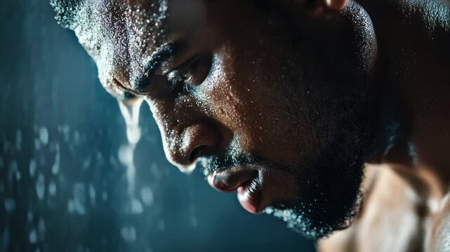 Powerful athletic man post workout intense expression water droplets fitness