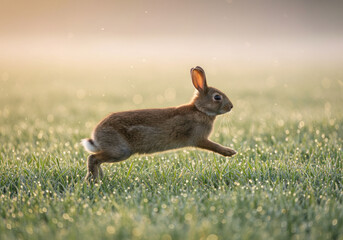 A rabbit dashing through a grassy field.