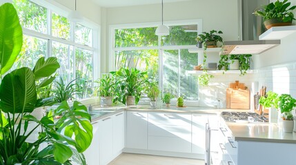 sleek modern kitchen illuminated by natural light, showcasing large windows and an array of lush plants that create a vibrant and welcoming space