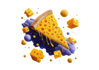 Surreal illustration of a pizza slice and cheese cubes floating in space. Concept of food, art, and fantasy.