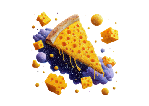 Surreal illustration of a pizza slice and cheese cubes floating in space. Concept of food, art, and fantasy.