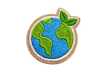 Embroidered patch of the Earth with green leaves, symbolizing environmental awareness and sustainability.