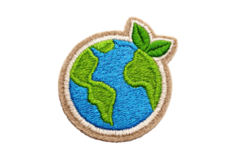 Embroidered patch of the Earth with green leaves, symbolizing environmental awareness and sustainability.