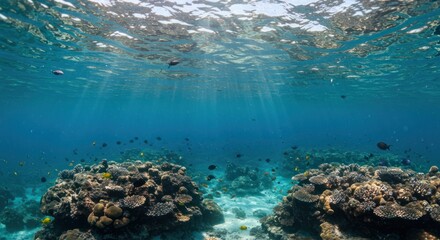 Fototapeta premium Underwater view of coral reef with sunlight filtering through the water surface.