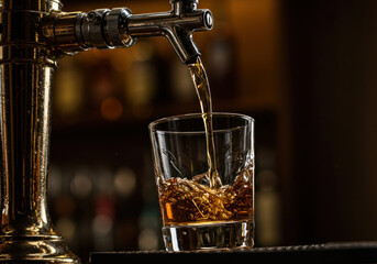 Whiskey being poured into a glass, with gentle amber liquid. A focal point on the act of pouring, creating a serene moment.