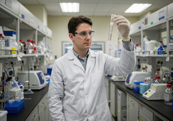 Man in lab holding pipe, focused expression. Various equipment in background, shelves lined with tools and devices. White coat, safety glasses.