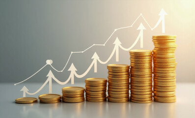 Golden coins stacks with upward arrow line depicting financial growth and investment success.