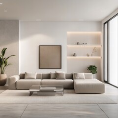Modern minimalist living room with beige sofa and built-in shelves