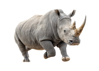 Obraz premium Rhino isolated on transparent background. Majestic rhinoceros with powerful build and distinctive horns. Wildlife conservation concept.