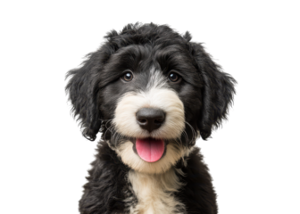 Cute Bernedoodle puppy dog with tongue out, isolated on transparent background. Concept of pets, dogs, and puppies.