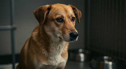 Dog Sitting Calmly Looking Sideways in Enclosure