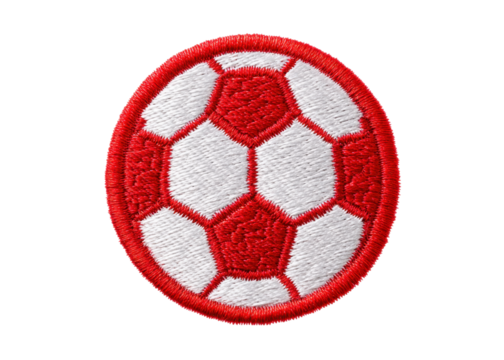Red and white soccer ball patch on transparent background. Sports and recreation concept.