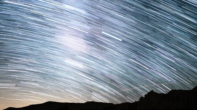 Startrails and Milky Way Galaxy in Southwest 35mm Mojave Desert California USA Astrophotography Time Lapse