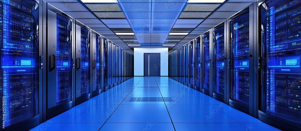 Poster illuminated data center with rows of servers and blue reflected lighting